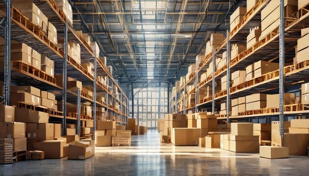 Retail warehouse full of shelves with cardboard boxes and packages. Logistics, storage online shop, olshop