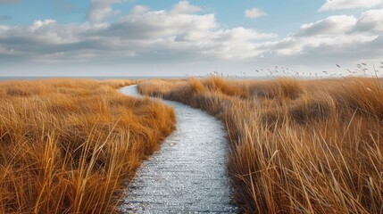 Winding path through tall golden grasses under a cloud-filled sky