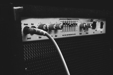 guitar amplifier, black and white photography