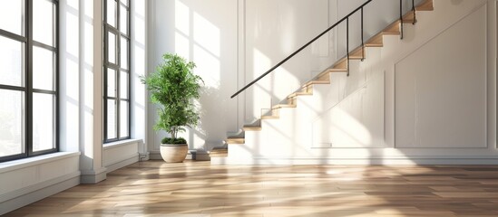 Stairs leading up in a bright white room with a green potted plant by the side
