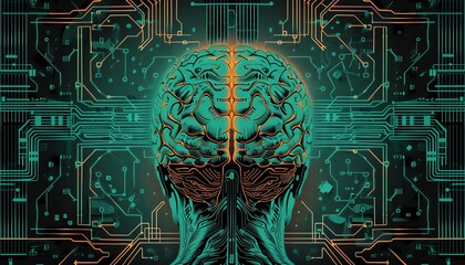 Capture the essence of consciousness merging with technology through a top-down perspective of a digital brain interface, using vector art for sharp, sleek lines and vibrant colors