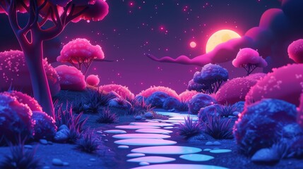 Fantasy landscape with a glowing moon and colorful trees