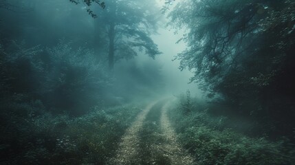 Fototapeta na wymiar Mystical foggy forest path with bright light at the end of the path