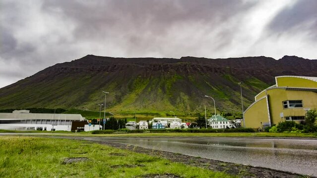 Gloomy skies timelapse of Isafjordur town in Northwest Iceland.