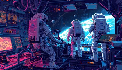 Illustrate a dynamic scene of a team of astronauts collaborating on a space station, showcasing their leadership principles in a pixel art style with vibrant colors and intricate details