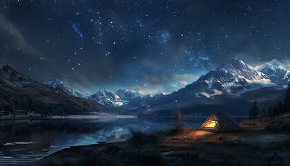 Illustrate a scene of adventurous wilderness camping under a starlit sky, blending digital rendering techniques for a photorealistic feel - obrazy, fototapety, plakaty