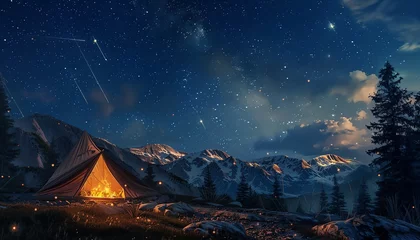 Fotobehang Illustrate a scene of adventurous wilderness camping under a starlit sky, blending digital rendering techniques for a photorealistic feel © Samaphon