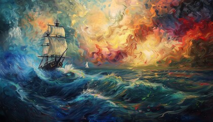 Illustrate the fusion of Romantic stories and Maritime adventures in an Aerial view painted with Impressionistic flair, Infuse the artwork with vibrant colors and blurred brushwork to convey a sense o