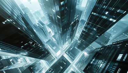 Imagine a high-angle view of a futuristic cityscape, blending psychological concepts with minimalist design elements in a digital rendering Show the convergence of the mind and technology in a sleek, - obrazy, fototapety, plakaty