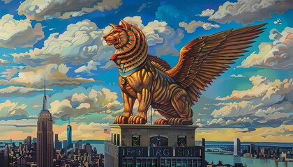 Imagine a sphinx perched atop the Empire State Building, seen from a surprising low angle view, fusing mythical creatures with urban wonders in vibrant traditional art medium