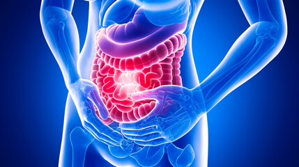 The Grasp of Discomfort: A 3D Illustrative Insight into Gut Pain and Intestinal Distress.