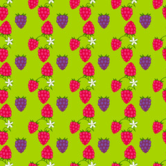 Raspberry and blackberry. Berries, leaves and flowers isolated on a green background. Seamless pattern. Background for paper, cover, fabric, interior decor.
