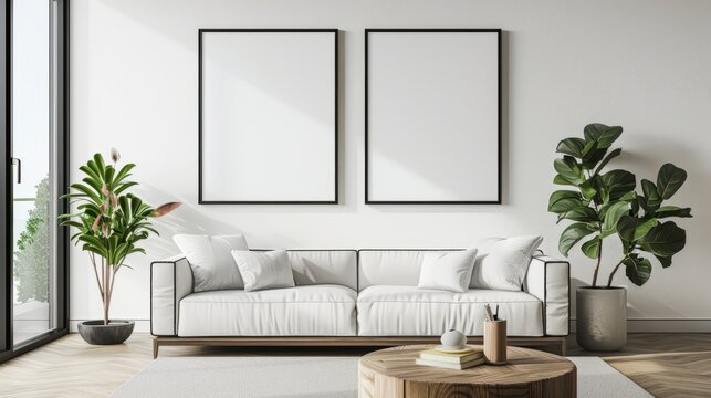 Fototapeta mock up poster frame in modern interior background, living room, Contemporary style, Living room wall poster mockup. Modern interior design.