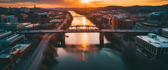 An aerial view at dusk bridges two cities over a river, merging urban landscapes with tranquil waters 🌉🌆 Embrace the serenity of cityscapes at sunset. - obrazy, fototapety, plakaty