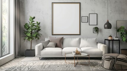 mock up poster frame in modern interior background, living room, Contemporary style, Living room wall poster mockup. Modern interior design.