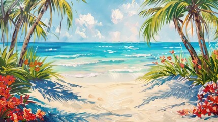 Capture the essence of summer sandy beaches with a vibrant, tropical color palette in an artistic style of your choice 
