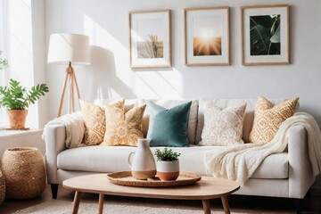 Fototapeta na wymiar Summer living room decoration with a cozy sofa, pillows, coffee table, and frames in perfect composition with natural sunlight.