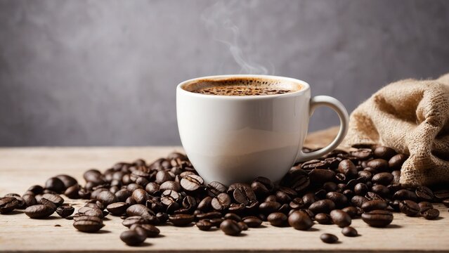 Hot Coffee cup with coffee beans roating