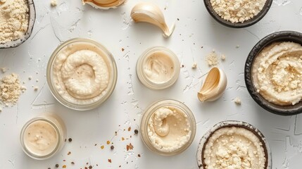 Top view of horseradish sauce in bowls and jars with ground horseradish on a white surface