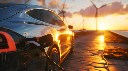 Electric Car Charging at Sunset with Wind Turbines in Background - obrazy, fototapety, plakaty