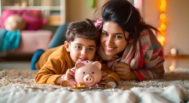 Young Indian mother her little 4s son lying on floor at home count and drop coins into piggy bank. Caring parent teaches child save money, think about future, manage personal finances, savings concept