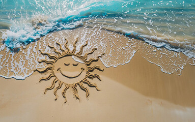 A happy smiling sun drawn in sand on a summer beach