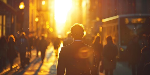 Man Walking Down a Street at Sunset. Generative AI