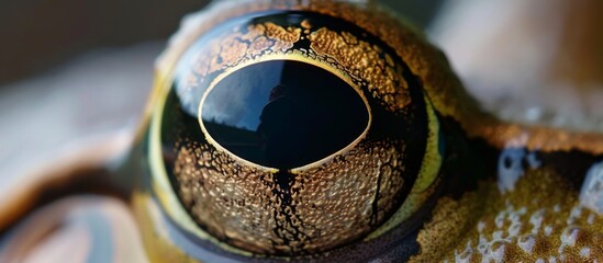 Detailed close up of a frog's eye showcasing a distinct yellow and black pattern, providing a fascinating view of nature's intricate design
