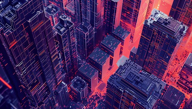 Illustrate a pixelated, glitch art rendition of a futuristic metropolis from a birds-eye view Infuse elements of psychological turmoil into the scene, using unexpected camera angles to enhance the sen