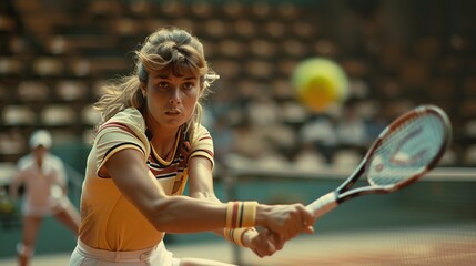 Image depicting the longest tennis rally in the 1980s with a single female tennis player hitting while looking at the ball in the foreground. copy space for text. - Powered by Adobe