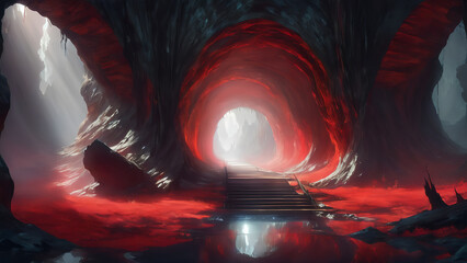 Glowing red cavern tunnel - obrazy, fototapety, plakaty