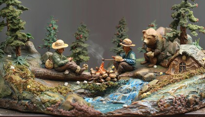 Illustrate the charm of a Romantic Wilderness Camping getaway through a clay sculpture medium Emphasize a winding river, a cute bear visitor, and a couple roasting marshmallows, all from a tilted angl
