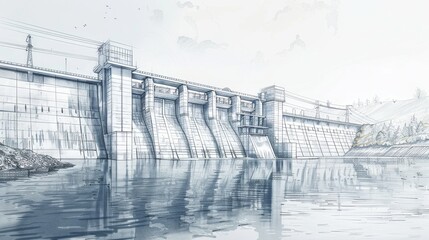 black and white of Hydropower architect, sketch style concept