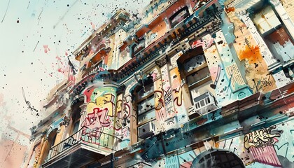 Illustrate the intricate details of a historical building adorned with whimsical graffiti in a watercolor medium, blending realism with urban artistry