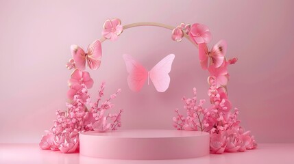 Butterfly podium background pink 3D flower pedestal rose stage cosmetic wedding platform. Background podium gold butterfly arch floral beauty spring presentation shop paper day product mockup showcase