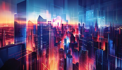 Transform a futuristic cityscape into a sleek vector graphic masterpiece, highlighting sleek lines and geometric shapes in a photorealistic style