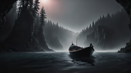 Wooden boat sail on river with dark forest and valley around