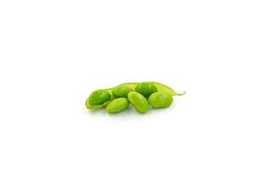 Fresh edamame soybeans and pods isolated on white background.