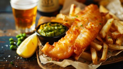 Plate of fish and chips with beer - obrazy, fototapety, plakaty