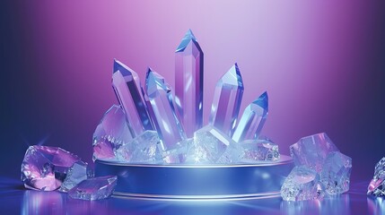 Crystal podium diamond 3d background display glass jewelry product render blue platform. Podium ice crystal stand diamond stage gem white abstract pedestal stone purple luxury sapphire cosmetic scene