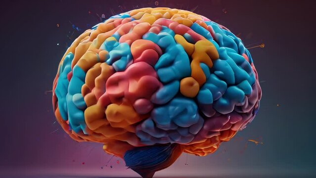 A detailed and colorful 3D model of the human brain. Vibrant colors such as blue, yellow, orange and pink are used to differentiate the various regions and functions of the brain