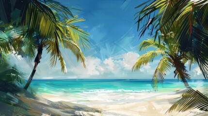 Compose a digital painting inspired by the beauty of a tropical summer beach, with palm trees swaying in the breeze and the turquoise ocean softly blurred in the background,​