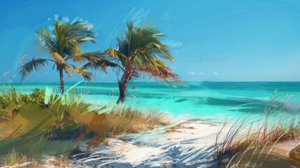 Compose a digital painting inspired by the beauty of a tropical summer beach, with palm trees...