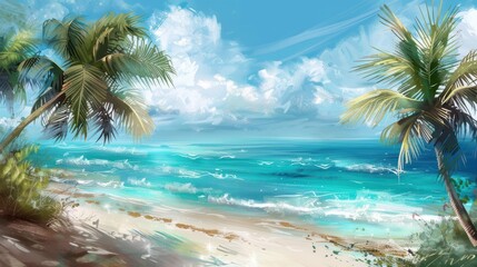 Compose a digital painting inspired by the beauty of a tropical summer beach, with palm trees swaying in the breeze and the turquoise ocean softly blurred in the background,​