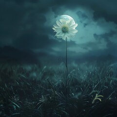 Lone flower under a full moon, ethereal glow, serene night, eye-level view