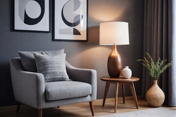 Minimal and cozy living room with a grey armchair and stylish lamp on a wooden table. Cozy grey living room ideas.