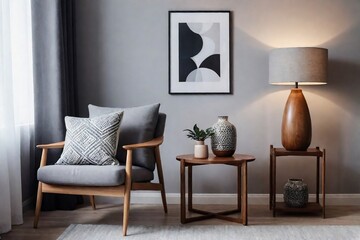 Minimal and cozy living room with a grey armchair and stylish lamp on a wooden table. Cozy grey living room ideas.
