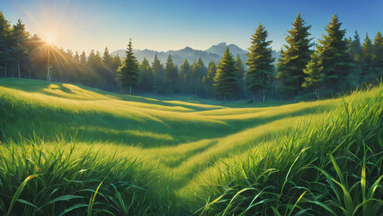 summer with grass and meadows in bright sunshine - obrazy, fototapety, plakaty