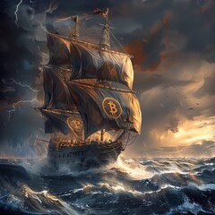 Sailing ship in a tempest with Bitcoin flag, high seas adventure, dramatic angle