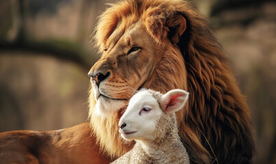 Fototapeta premium The Lion of Judah Stands With the Lamb of God, Symbolizing Divine Unity and Peace. Lion And Lamb Religion Art. 